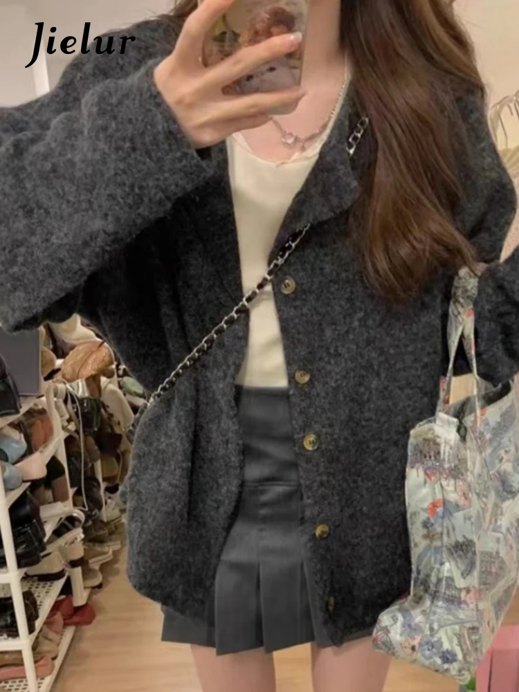 Jielur-女性のためのモノクロネックカーディガン、韓国スタイル、オフィスの女性のためのカジュアルセーター、シンプルでファッショナブル、シングルブレスト、グレー