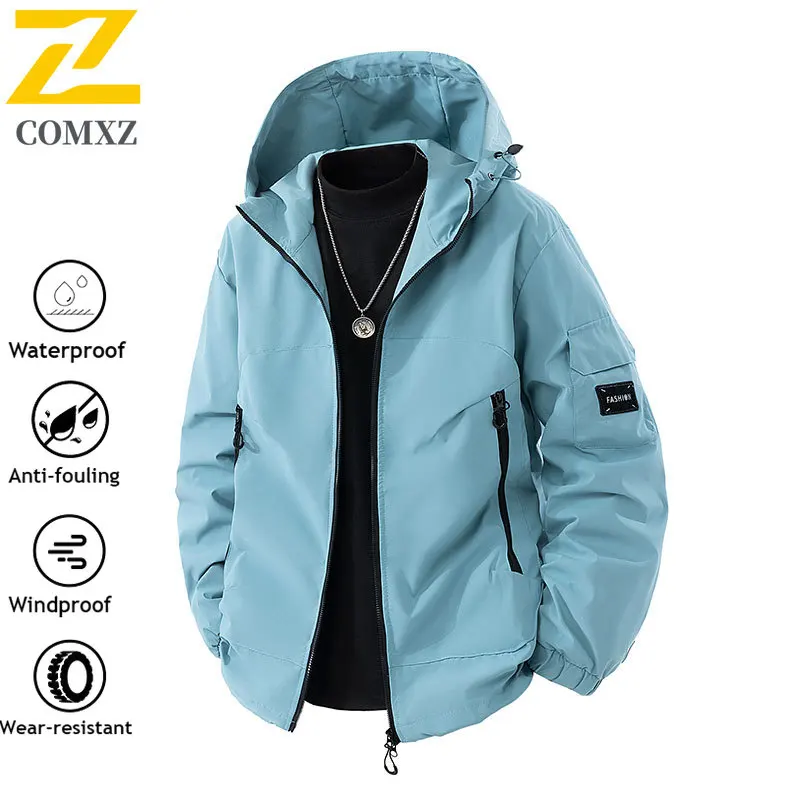 COMXZ hombres al aire libre con capucha senderismo rompevientos primavera otoño abrigo impermeable a prueba de viento ajuste suelto chaqueta de utilidad con cremallera multibolsillo