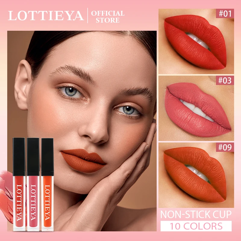 Lottieya ลิปสติกของเหลวเนื้อแมท10สีกันน้ำน้ำหนักเบากันรอยจูบติดทนนานคราบริมฝีปากเซ็กซี่ลิปกลอสเมคอัพคอสเมติก