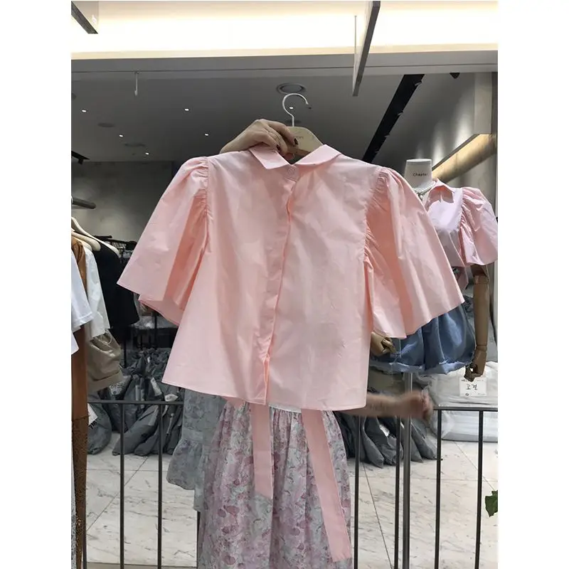 Back Strap Bow Bubble Short Sleeve Shirt Chemise Femme Summer Shirts & Blouses Рубашка Camisas De Mujer New Blusa