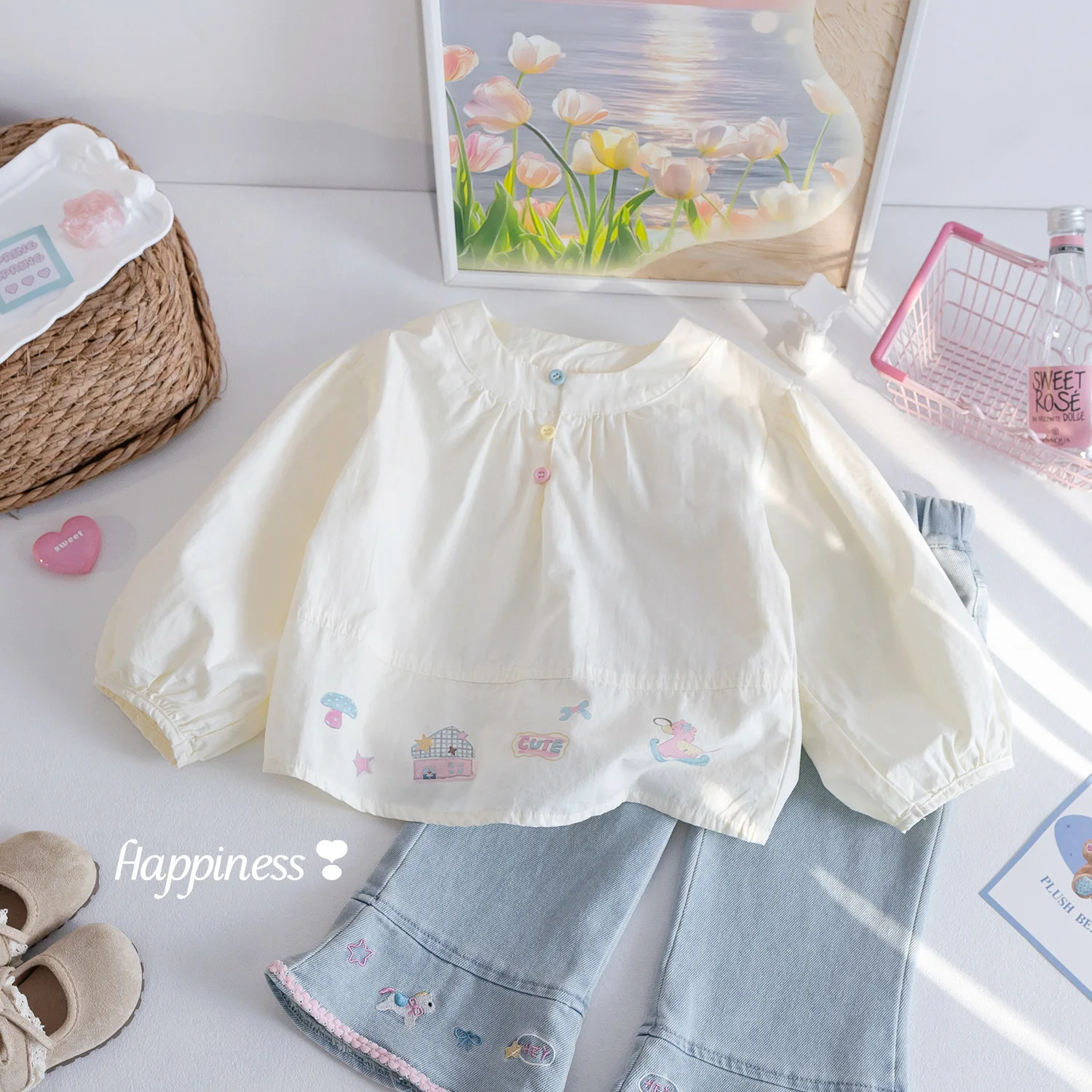 Spring Korean Style 2PCS Outfit For Little Girls Sweet Cartoon Print Peter Pan Blouse Shirt Matching Fashion Jeans Kids Set