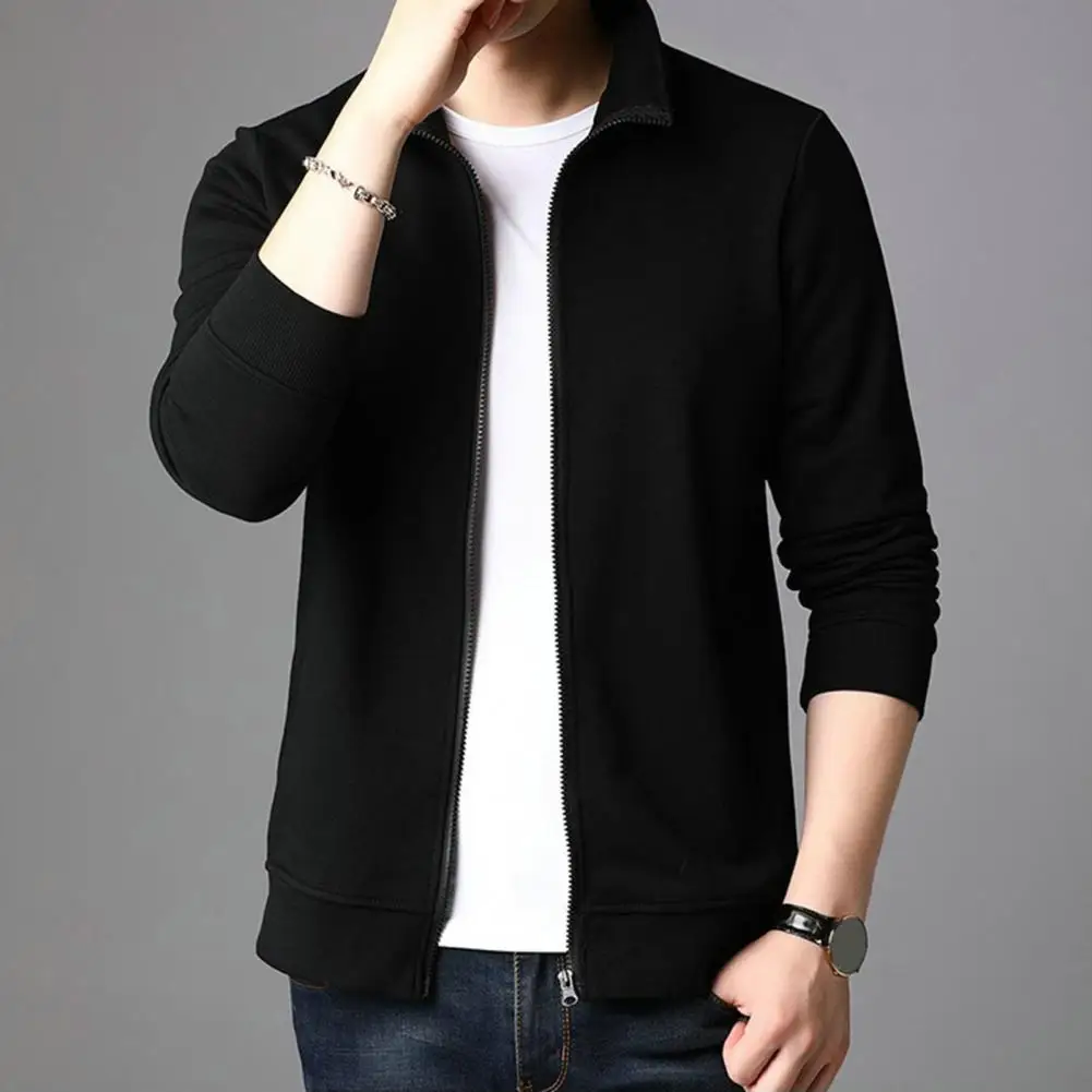 

Men Jacket For Spring Autumn Solid Color Long Sleeve Pockets Zipper Placket Casual Coat Slim Fit Lapel Ribbed Cuff Outwear