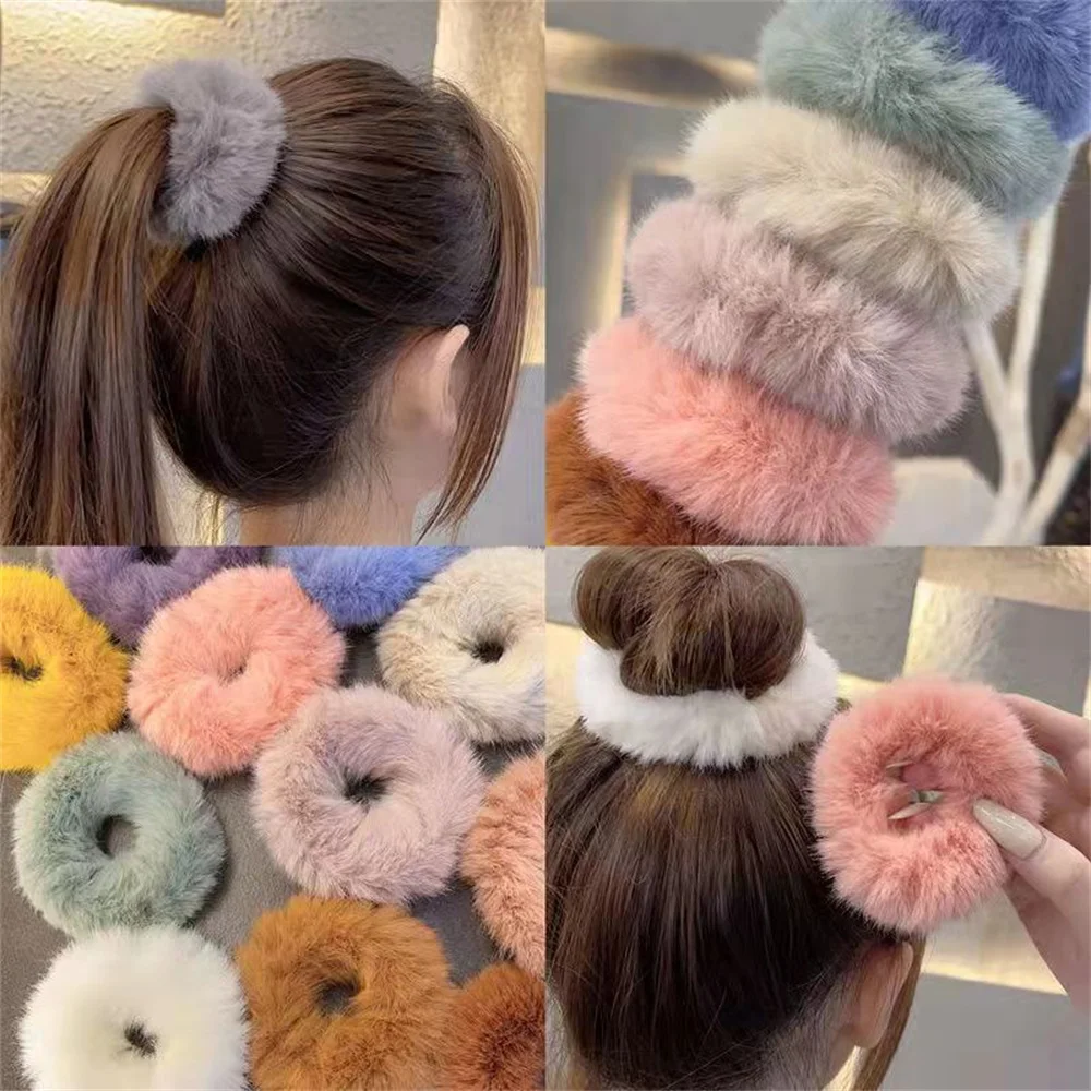 Solid Color Hair Band No Injury Soft Fabric Warm Candy Color Girl Hair Accessories Plush Large Intestine Hair Ring Imitation Fur