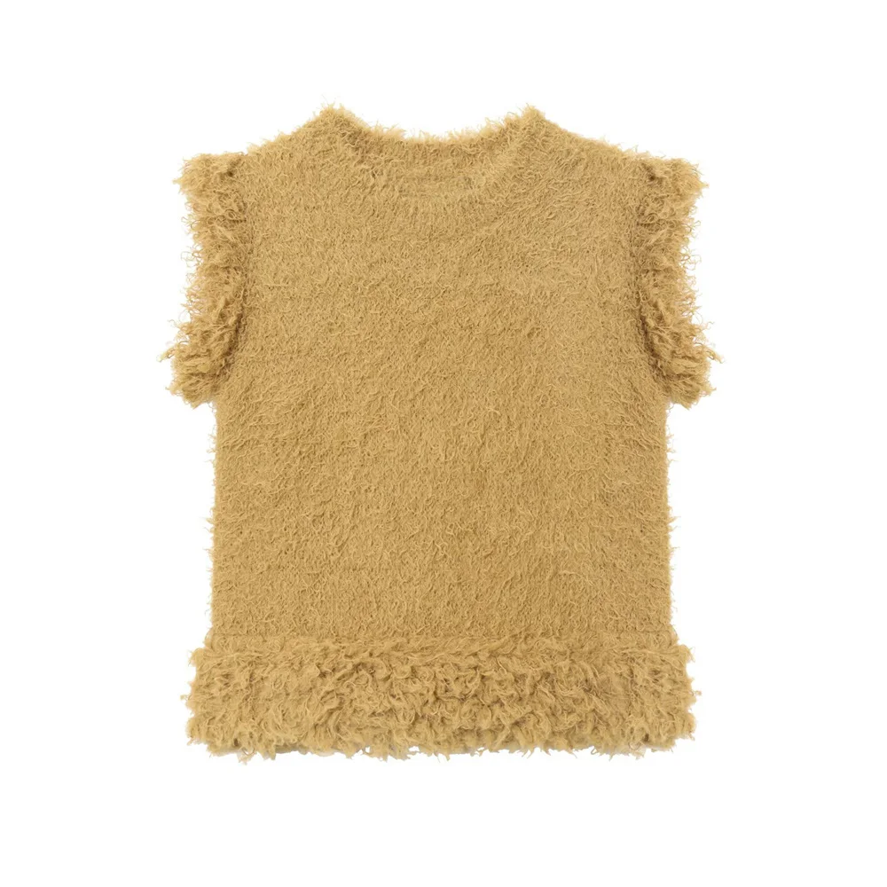 

Новый женский осенний модный универсальный однотонный тонкий вязаный жилет без рукавов с бахромой из искусственного меха и круглым вырезом