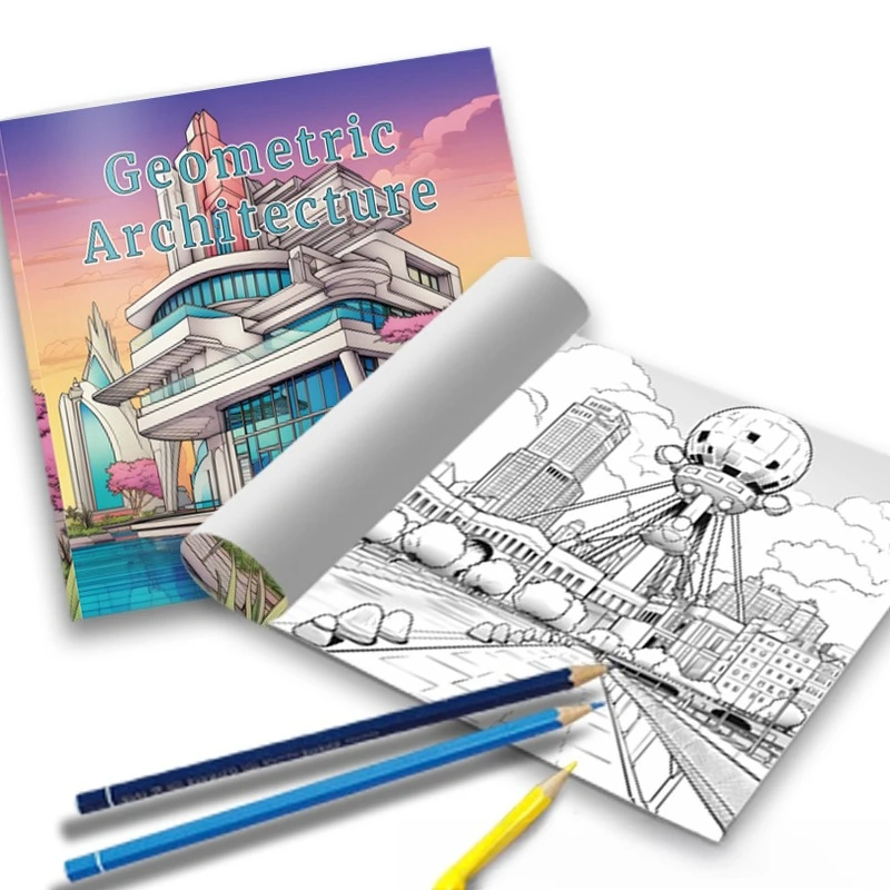 Futuristic Geometric Architecture Coloring Book Anime Sci-Fi Building Curved Glass Twilight City Sketch Notebook