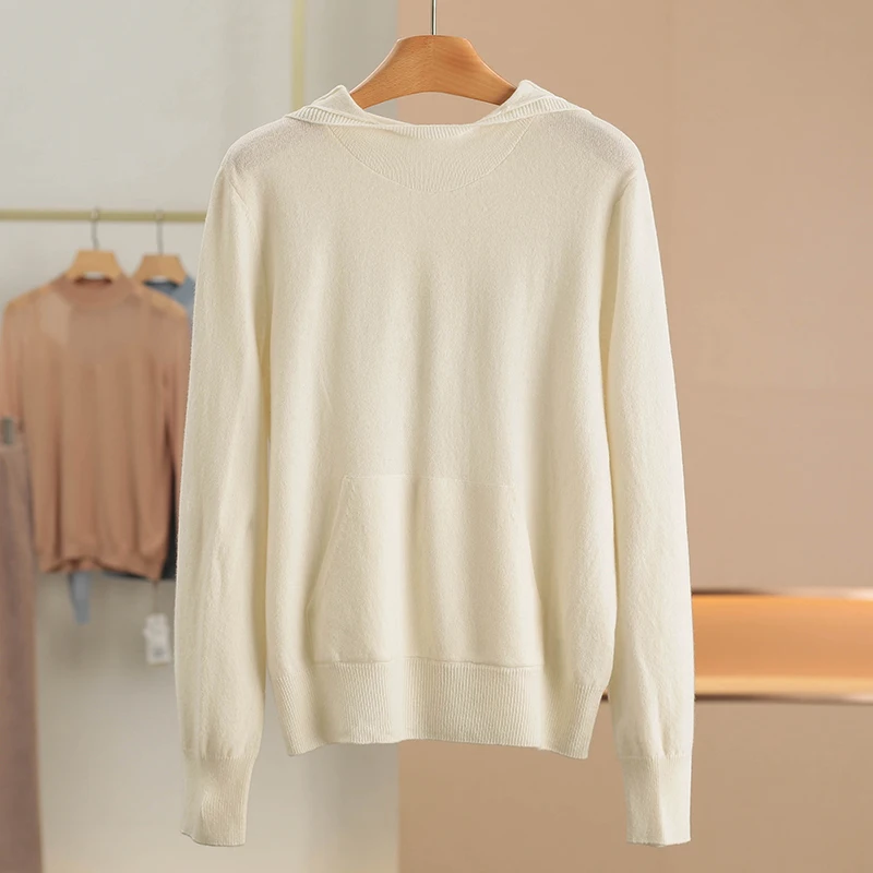 

Simple Wide Fit Hooded Knitwear 100 Wool Winter New Style Women's Fashion Loose Casual Long Sleeve Overhead Coat