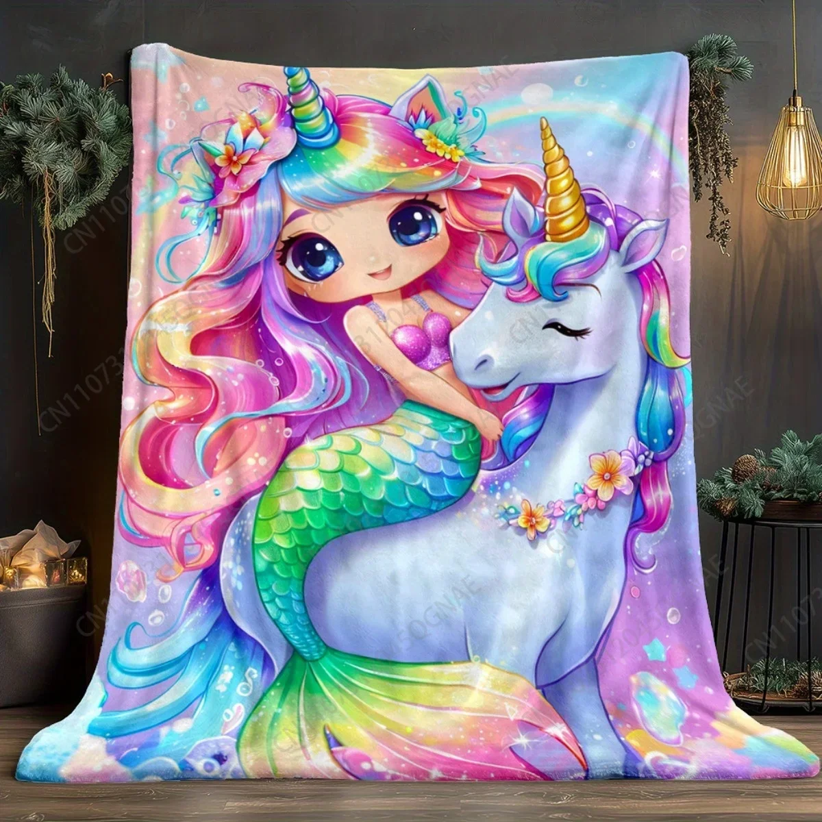 Custom Unicorn Mermaid Princess Flannel Blanket - Magical Pastel Colors (Pink, Blue, Green, Purple, Rainbow) - Extra Large 60x80
