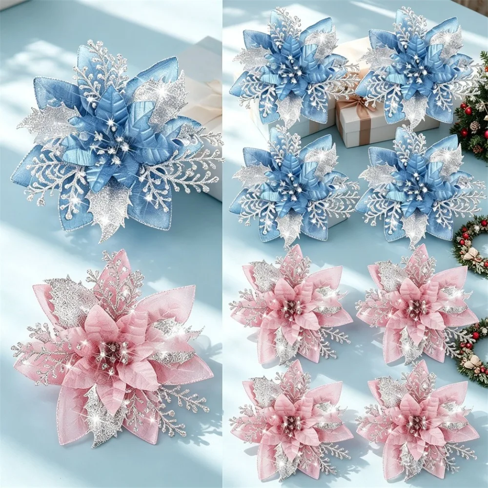 6/12Pcs 5.5Inch Christmas Tree Ornaments, Pink & Blue Glitter Artificial Poinsettia with Clips for Tree Wreath Decor