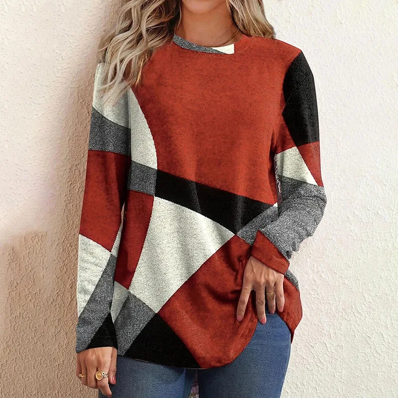 

Fashion Contrast Geometric Print T-Shirt For Women Loose Round Neck Long Sleeve Pullover 2024 Autumn New Elegant Lady Top
