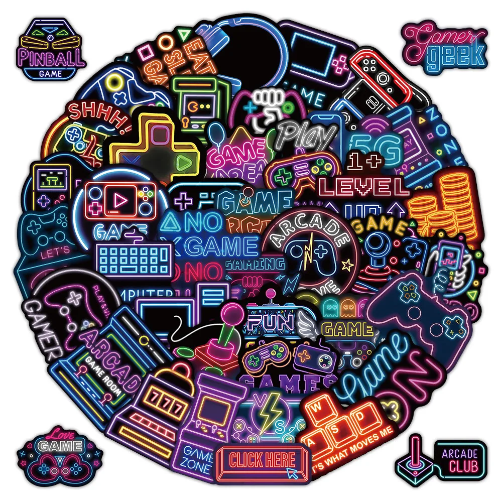 52Pcs Neon Game Controller Pattern Stickers Waterproof Gaming Themed Decals for Laptop Luggage Water Bottle DIY Papery Pop Store
