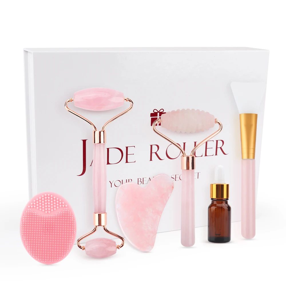 6In1 Face Skin Care Tools Jade Roller Rose Quartz Natural Stone Gua Sha Facial Massager Kit for Face Lift Cleaning Anti-wrinkle