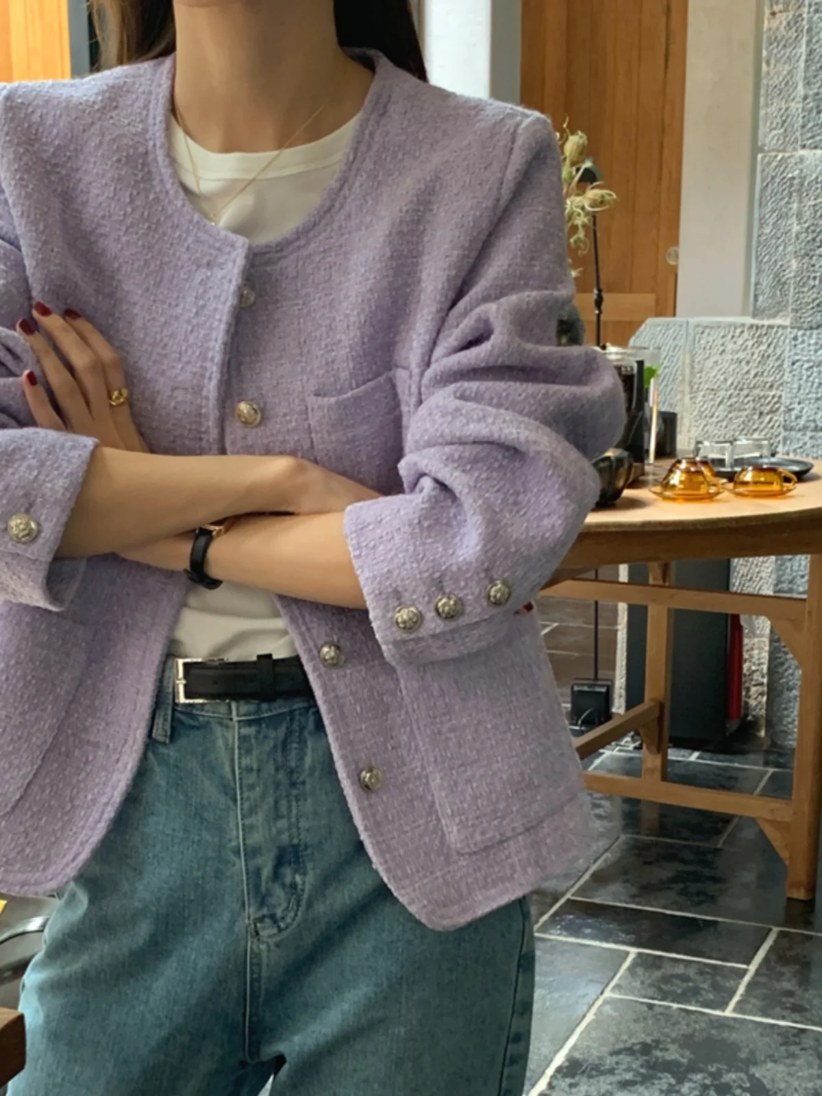 

ort Пальто женское осенне-зимнее элегантное круглое Ne Single Button Thi Tweed ort Верхняя одежда Long Sve Top