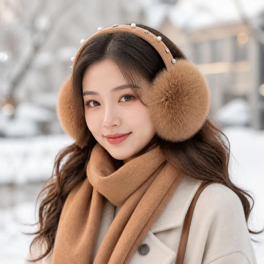 New Pearl Rhinestone Decor Faux Fur Earmuffs Soft Winter Ear Warmers Cold‑proof Fluffy Soft Fluffy Earmuffs Winter