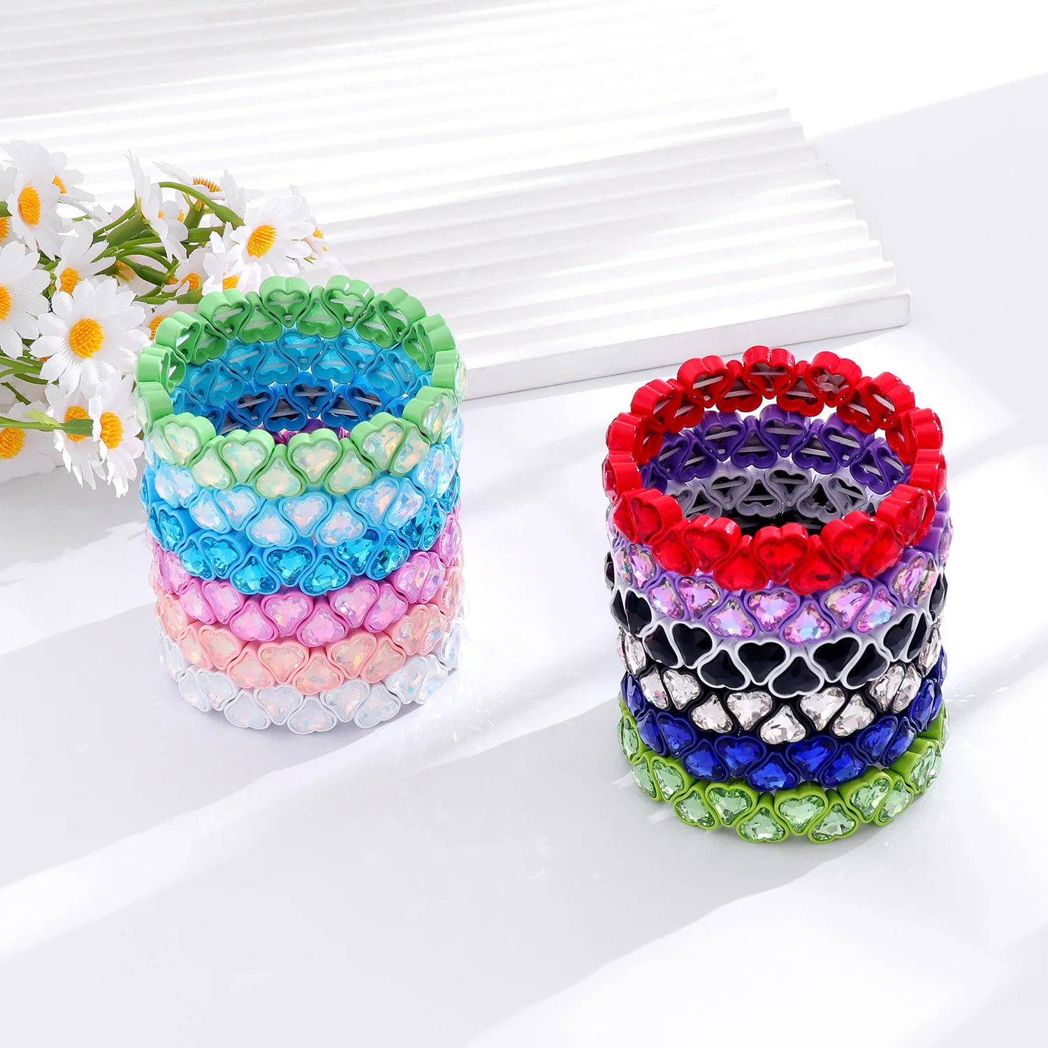 Heiß begehrte neue Herz-Kristallglasperlen Liebes-Legierung Elastische Manschetten Emaille-Armband Damen Manschetten-Emaille-Armband Damenschmuck – Detail 2
