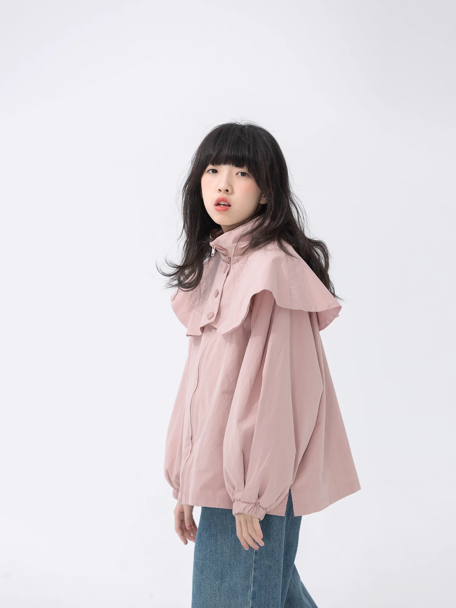 little-big-pl-children's-clothing-bean-poer-lace-collar-jaet-girls-spring-autumn-artistic-zipper-open-cardigan