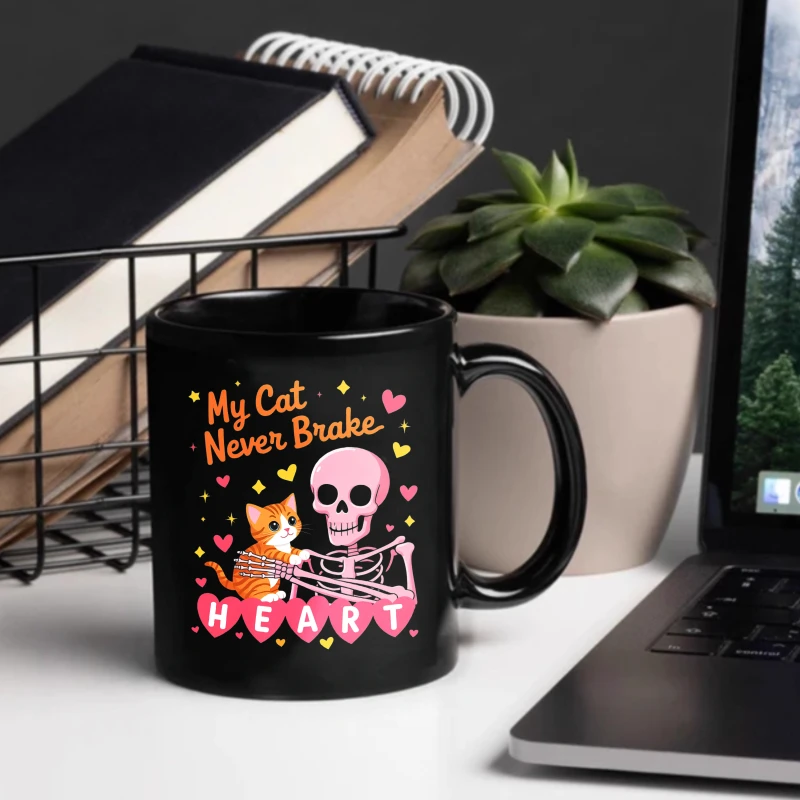 Ceramic mug, black, my cat never hurts, skeleton and cat pattern, with heart and star print, suitable for coffee tea or gifts