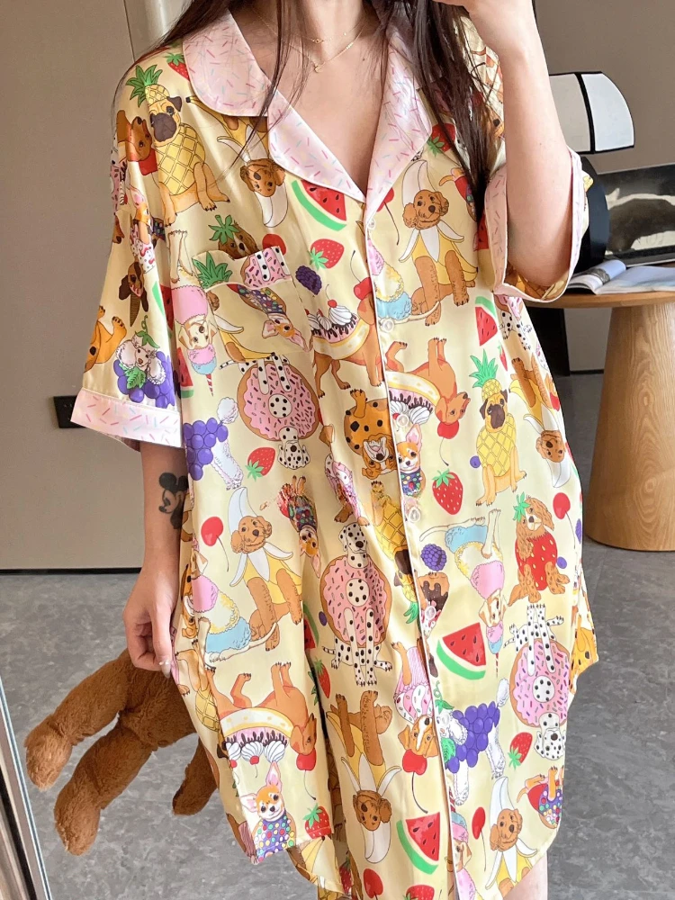 2024 Thin Cartoon Ice Silk Shirt Nightdress Women\'s Summer Sexy Mid-Length Loose Outer Wearing Pajamas Skirt Home Clothes