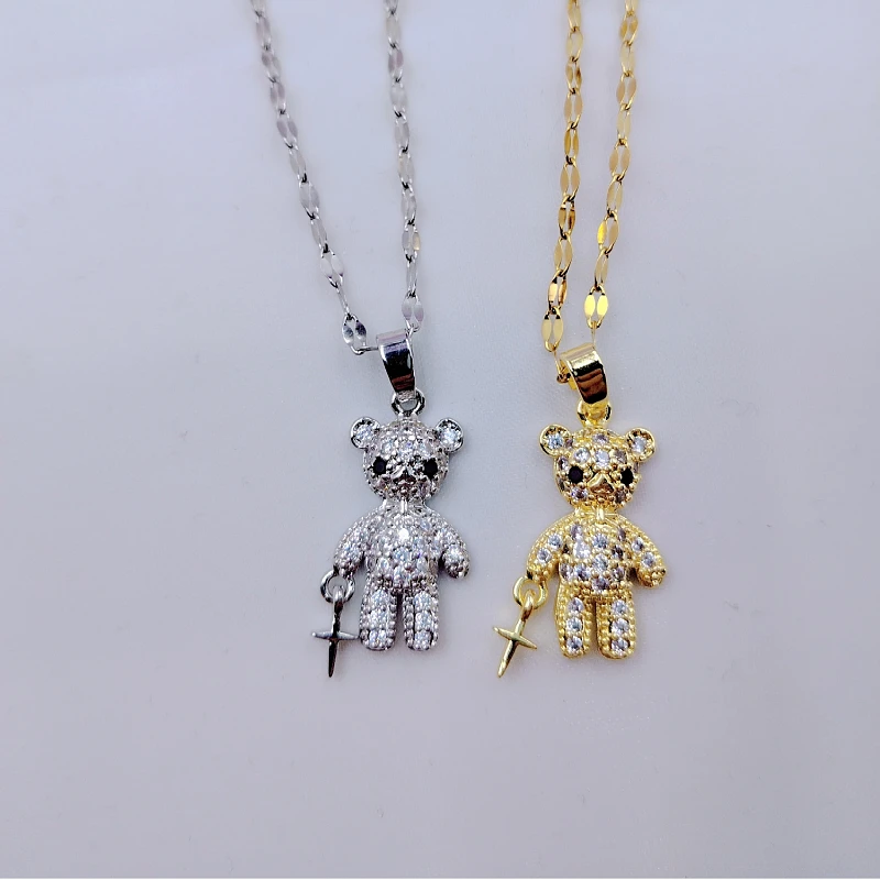 Fashion Charm Cross Bear Necklace Classic Personality Holding Bodyguard Sword Lucky Pendant Versatile Clavicle Chain