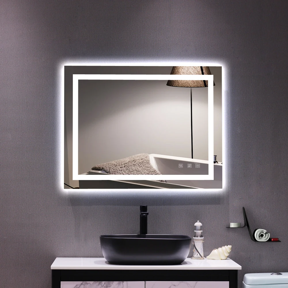 Bathroom Mirror with Led Light Glass Mirror Square Touch LED Anti-fog Easy to install Tricolor Dimming Lights 36*28