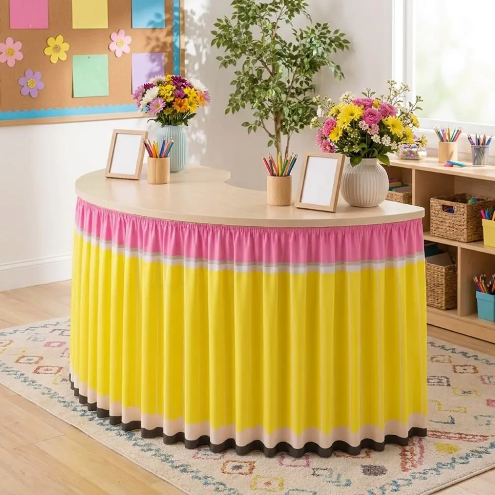Cartoon Pencil Ruffled Table Skirt School Stationery Theme Wrinkle Resistant Classroom Skirt Cover Polyester Elastic Edge