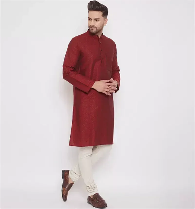 Indo Pakistani style pure cotton long sleeved casual ethnic style men's thin men's top with dark embroidery in jujube red color