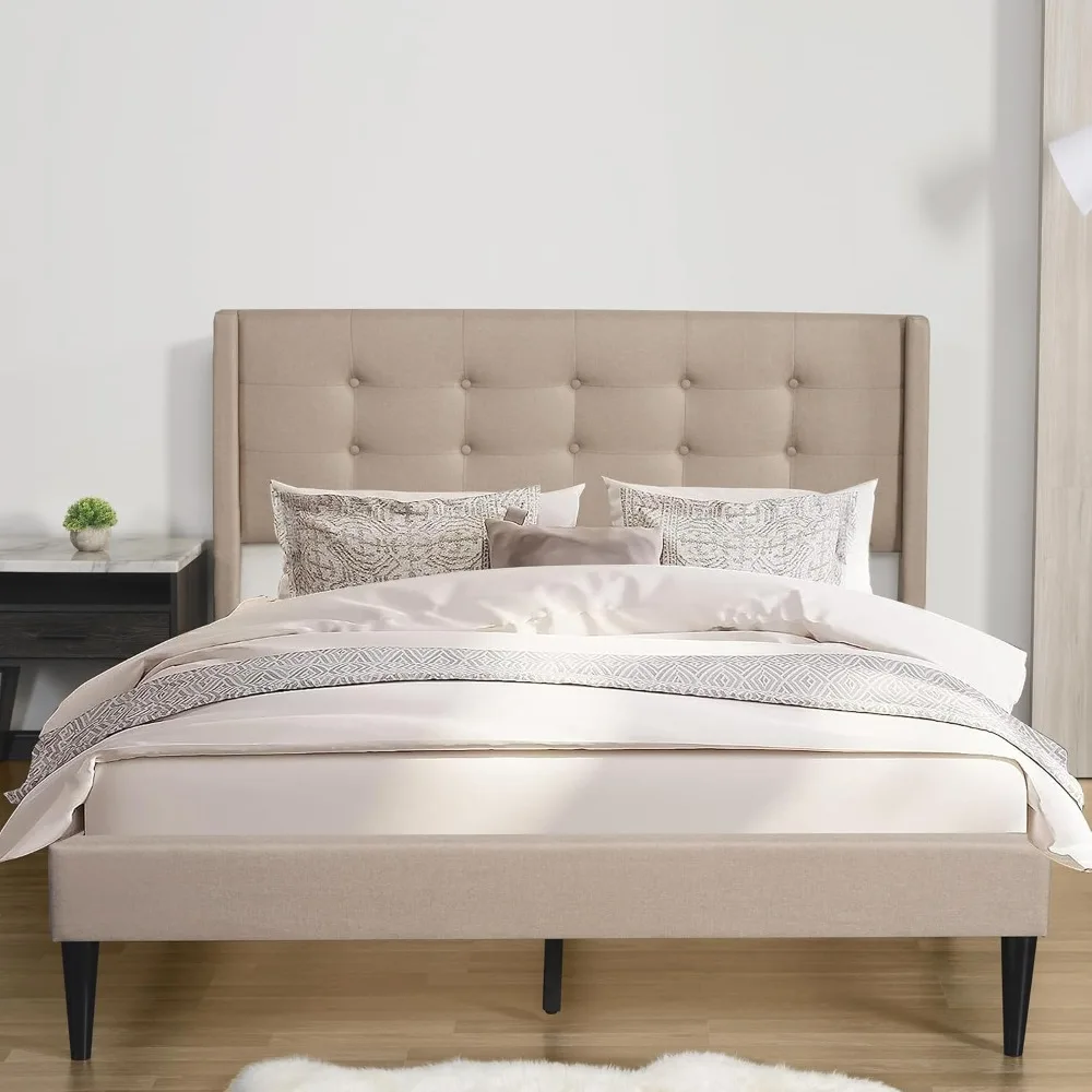 Modern Platform Bed Frame with Wingback Tufted Headboard, Linen Fabric Upholstered Bedroom Bedframe , No Box Spring Needed