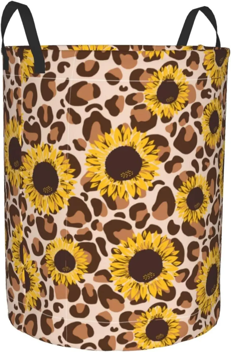 yellow sunflowers yellow with leopard print Hamper Round Dirty Clothes Basket Circular Laundry Bag Storage basket