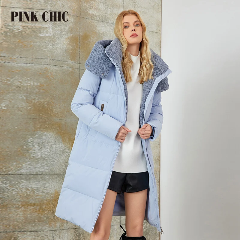 PINK CHIC 2023 New Winter Coat Women Down Jackets High Quality  Fur Collar Warm  Hooded Long version Parka Female W6607