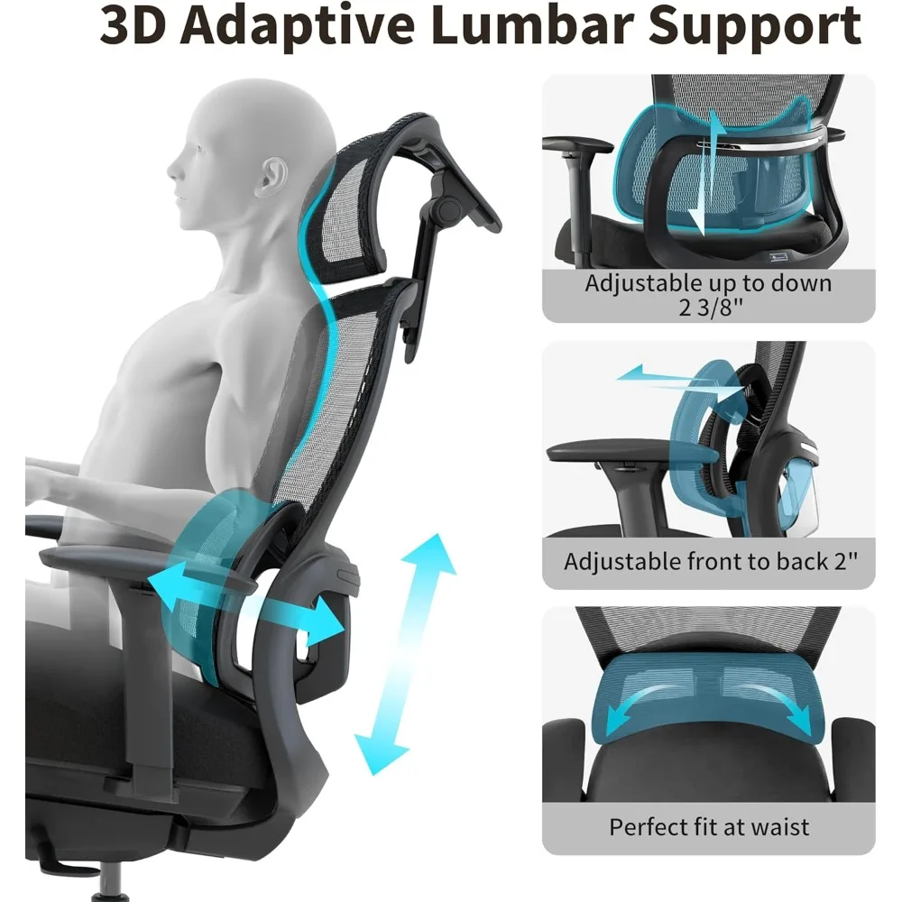كرسي مكتب شبكي بعجلات، كرسي مريح مع دعم قطني، كرسي مكتب منزلي مع عمق مقعد قابل للتعديل