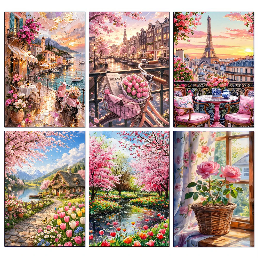 Ländliche Landschaft Diamantmalerei Eiffelturm Rosa Baum Voll-Diamant-Mosaik Kreuzstich DIY Traumhafte Szenerie Heimdekoration Kunst