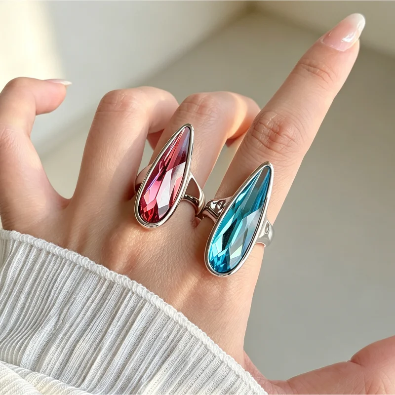Light Luxury Long Teardrop Marquise Crystal Ring Colorful Multi‑Faceted Cubic Zircon Personality Accessory for Women Party Daily