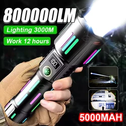 고출력 충전식 LED 손전등, 장거리 전술 램프, 초강력 토치, 800000 루멘, 5000mah 배터리