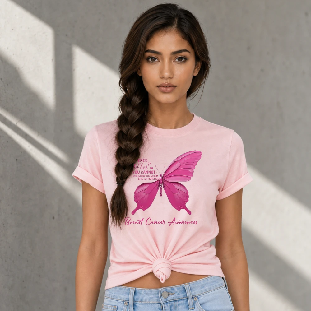 Pink Butterfly Breast Cancer Awareness Women Tee Inspirational Letter Graphic Short Sleeve Cotton Ladies Warrior Support Tshirt