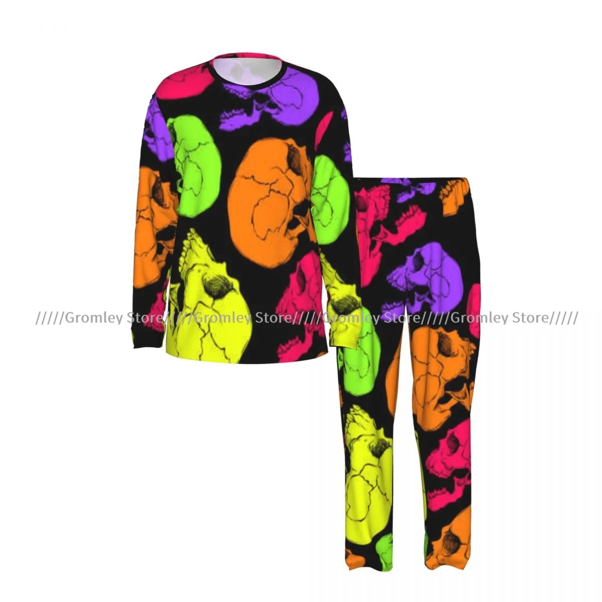 Men's Pajama Set Long Sleeve and Long Pants Frightening Skull In Cartoon Style Soft Sleepwear for Home