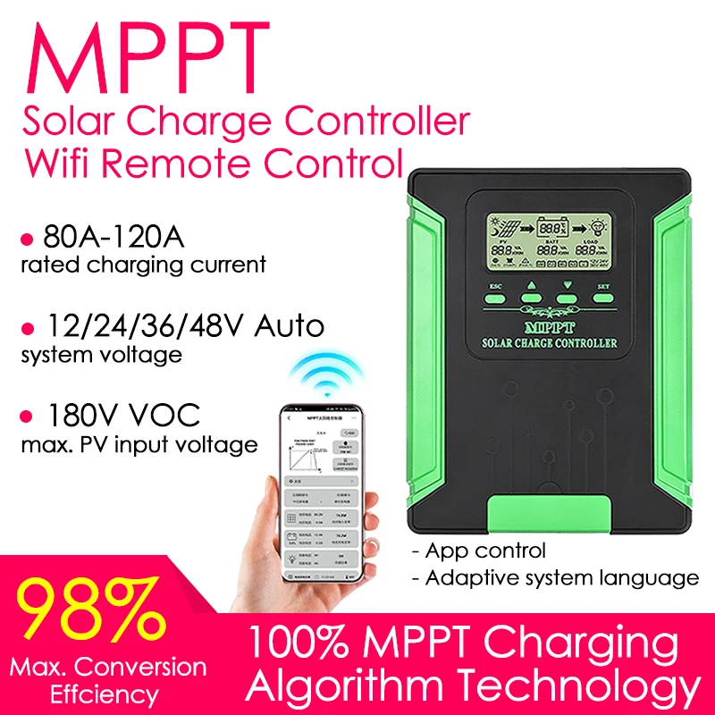 80/100/120A WIFI MPPT Solar Charge Controller 12-48V Auto Photovoltaic RV Home Energy Storage Control System Battery Regulator