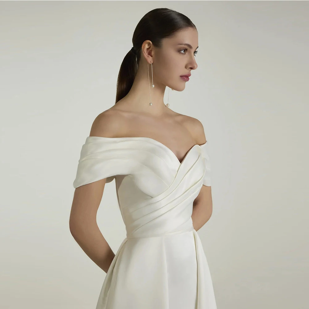 Customized Long Satin Off Shoulder Wedding Dresses Attractiv A-Line Ivory Pleat Sweep Train Zipper Back Brides Dress for Women