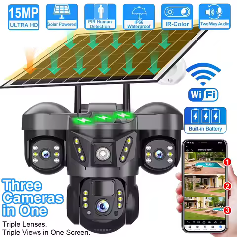 V380 Pro Triple Lenses WiFi Solar Camera PIR Human Detection Night Vision Waterproof Security CCTV Camara Battery Video Monitor