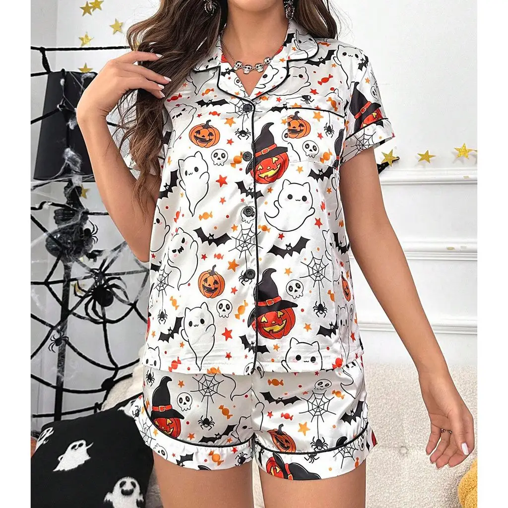 HEZIOWYUN Women's Halloween 2Piece Ghost Pumpkin Print Loungewear Pjs Set Short Sleeve Button Closure Tops with Shorts Sleepwear