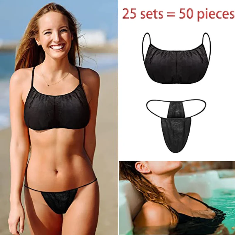 25 conjuntos de sutiã de tecido não tecido descartável preto, tanga, roupa íntima feminina, lingerie respirável, sutiã para salão de beleza, spa, sauna