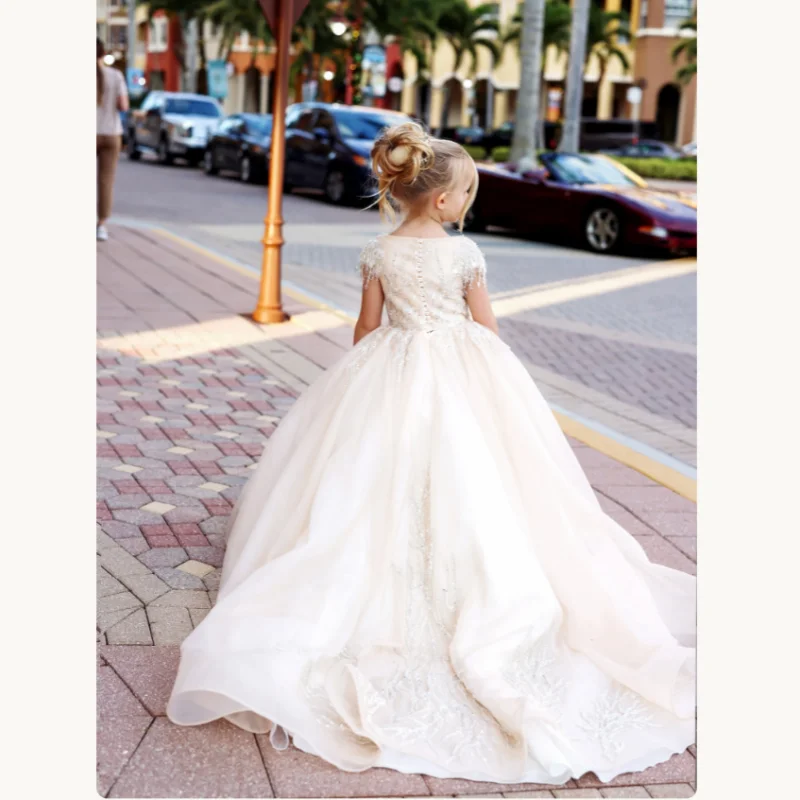 

Champagne Cap Sleeve Beaded Flower Girl Dress Button Back Lace Train Tulle Floor Length Kids Wedding Pageant Princess Gown