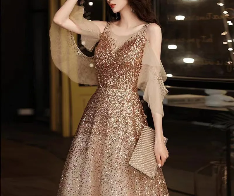 Vestido De Noche De lentejuelas doradas para mujer, elegante vestido De encaje con cuello redondo, corte en A, largo hasta el suelo, brillante, para fiesta De graduación