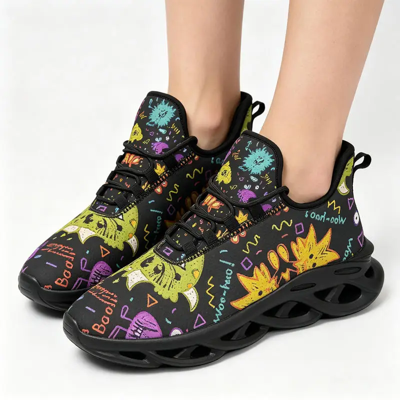 Ladies Men Large size graffiti print casual sports shoes for men，Contrast color cartoon monster hand-drawn pattern breathable sh