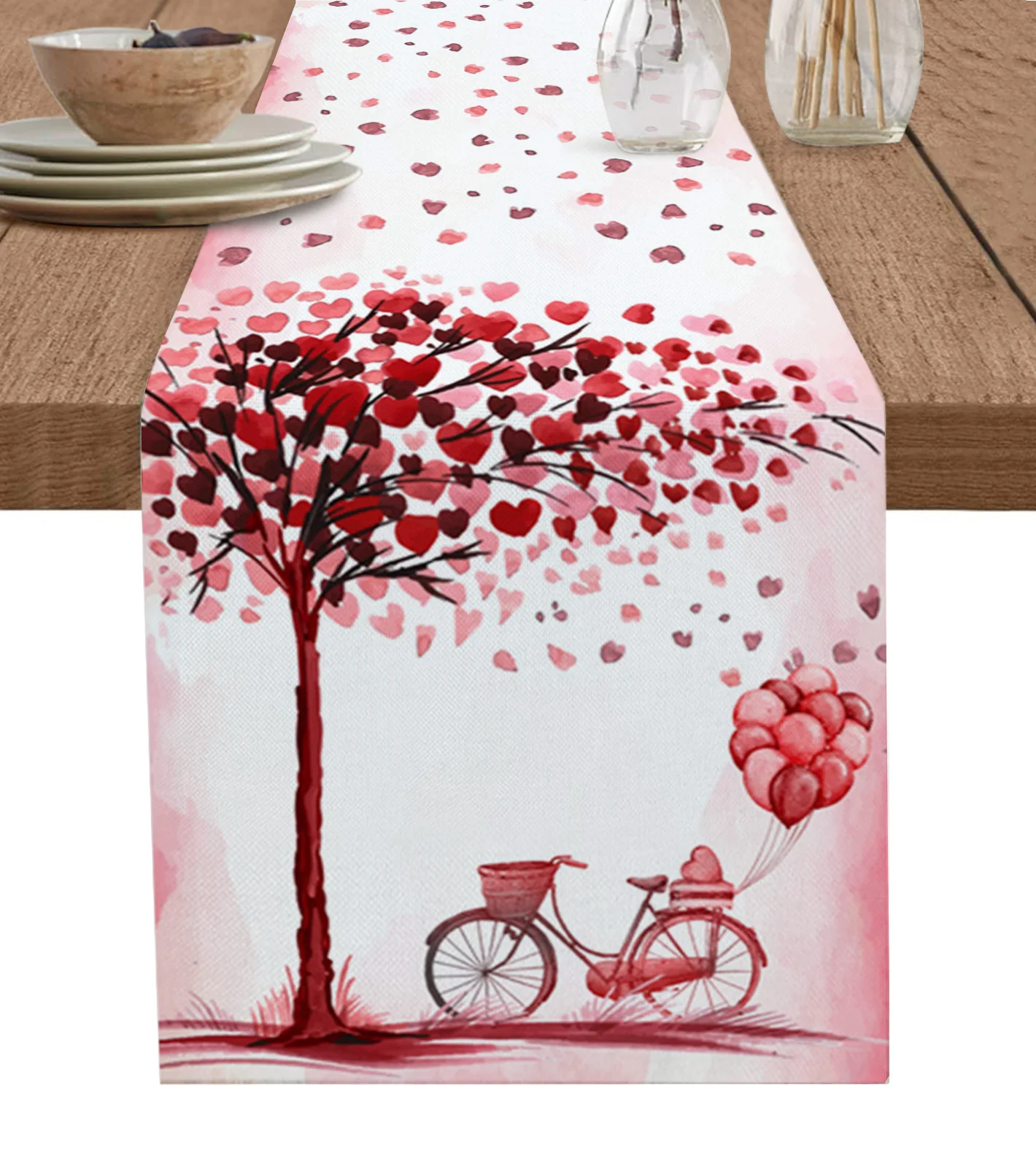 

Valentine'S Day Watercolor Tree Love Bicycle Balloon Table Runner Wedding Table Mat Centerpieces Decor Dining Long Tablecloth