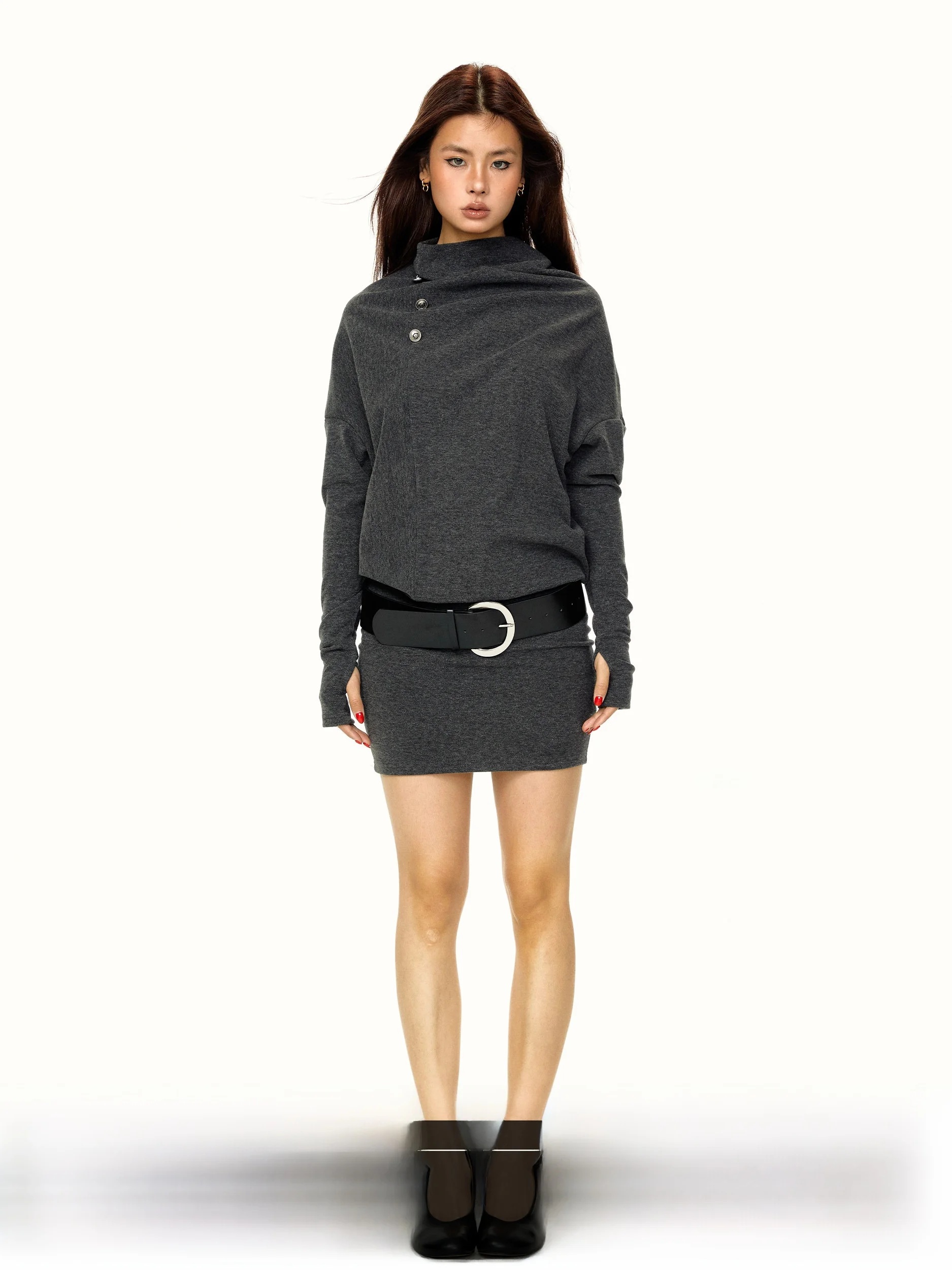 

Elegant Black Batwing Sleeve Dress Women's Spring Summer New Long Sleeve Slimming Wrap around Skirt Short Dress Casual Wear