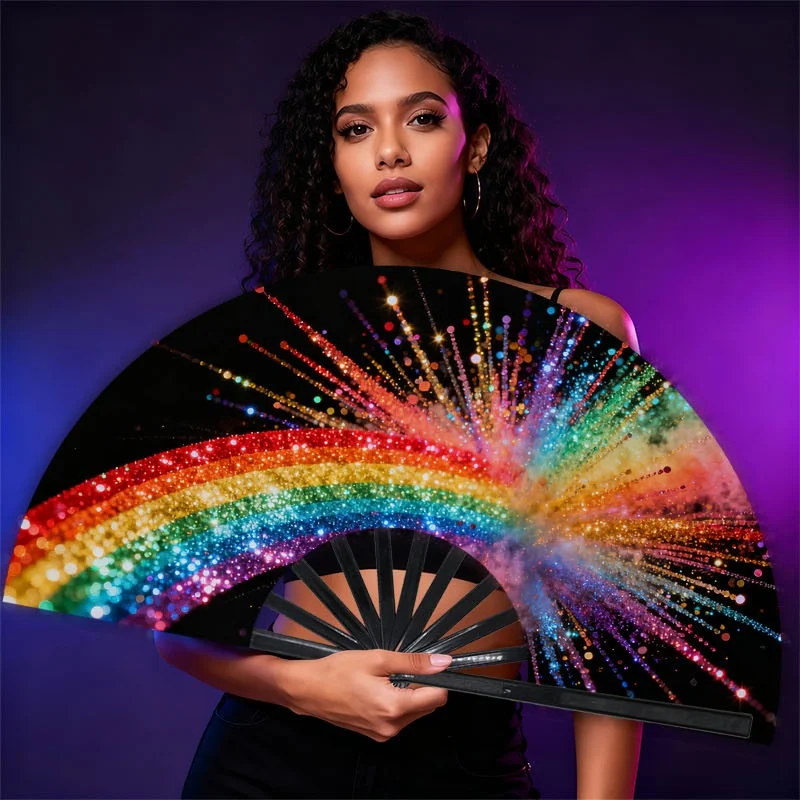 One Rainbow Hand Fan, Featuring a Vibrant Explosion Design, Made From, Foldable And with a Glow-In-The-Dark Effect, Perfect for Pride Events, Performances, Weddings, Parties, Cosplay, And Clubs - a Fashionable And Striking Cooling Fan for Men