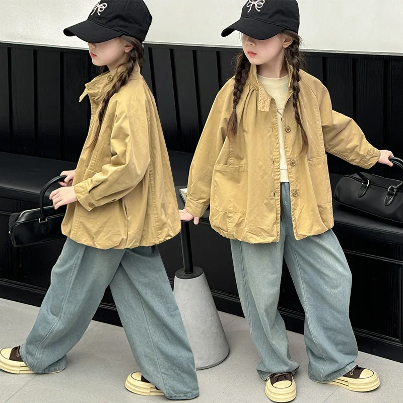Girls Outerwear Spring Autumn Korean Solid Color Fashionable Western Style Casual Windbreaker Short Style Versatile Temperament