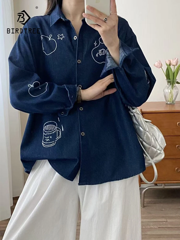 

New 2026 Spring Women Long Sleeve Denim Shirt, Laple Cartoon Embroidery, Mori Girl Casual OL Japan Style Loose Blouse T63422CC