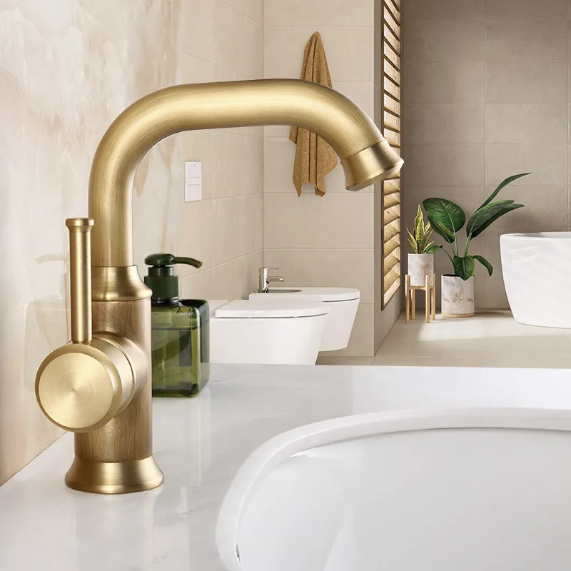

European antique all-copper hot and cold faucet, bathroom washbasin, face basin, retro single-hole art basin faucet