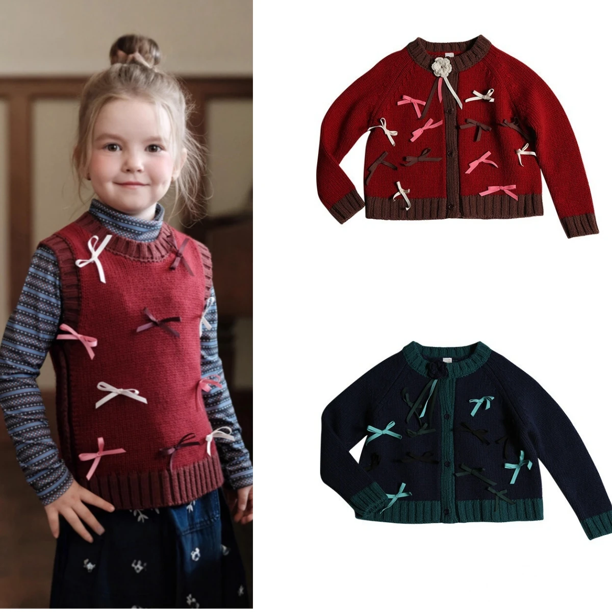 

2025 New Autumn Winter Children's Sweater Cardigan Girls Handmade Bow Knitted Sweater Vest Half Skirts Set Outwear Clothings