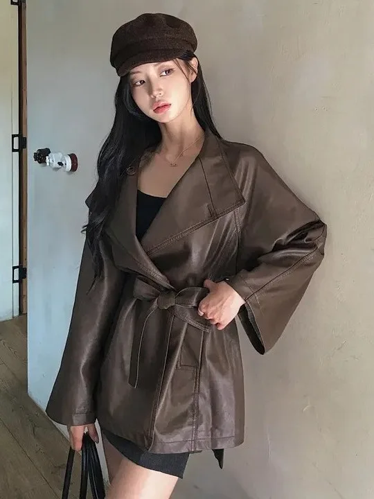Slimming Effect Korean Design Sle Women's Windbreaker Jaet Vintage Hong Kong Sle High Quali Belted Mid-Length Leather...